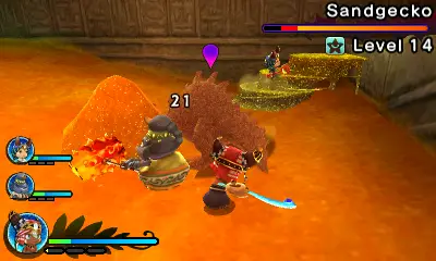 A screenshot of Ever Oasis showing the player and their party battling a large lizard-like creature made of sand.