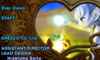 A screenshot of the end credits sequence in Ever Oasis. Alongside the scrolling credits is an image of the scene where Esna first meets the player.