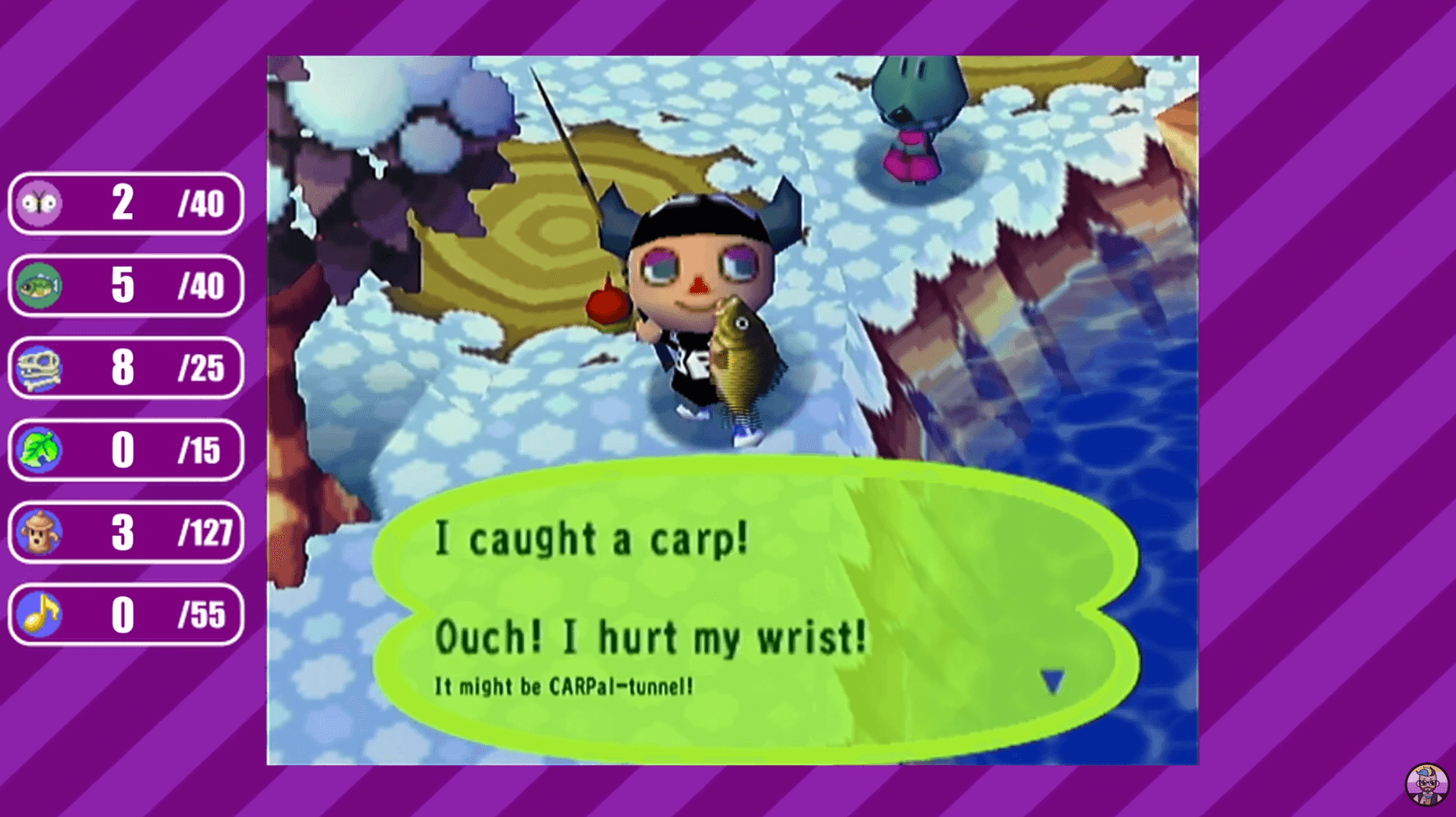Image description: A screenshot of the game Animal Crossing. A human character is holding up a fish they caught and saying: I caught a carp! Ouch! I hurt my wrist! It might be CARPal-tunnel!