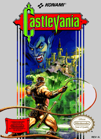 The north-american Castlevania box art. It depicts Simon with his back to the camera, posing heroically in front of a looming castle in the distance. A large figure that looks like Dracula can be seen in the sky above the castle, grinning creepily.