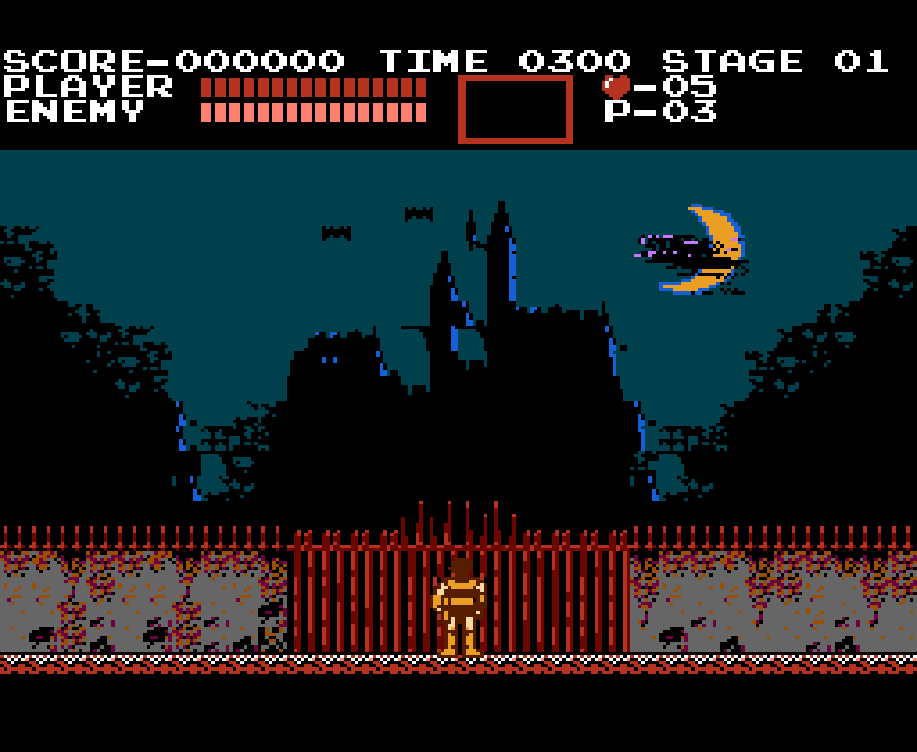 The opening shot of Castlevania, showing Simon standing before the gate of Dracula's castle. The pitch-black castle itself looms ominously in the distance, illuminated only by the moonlight.