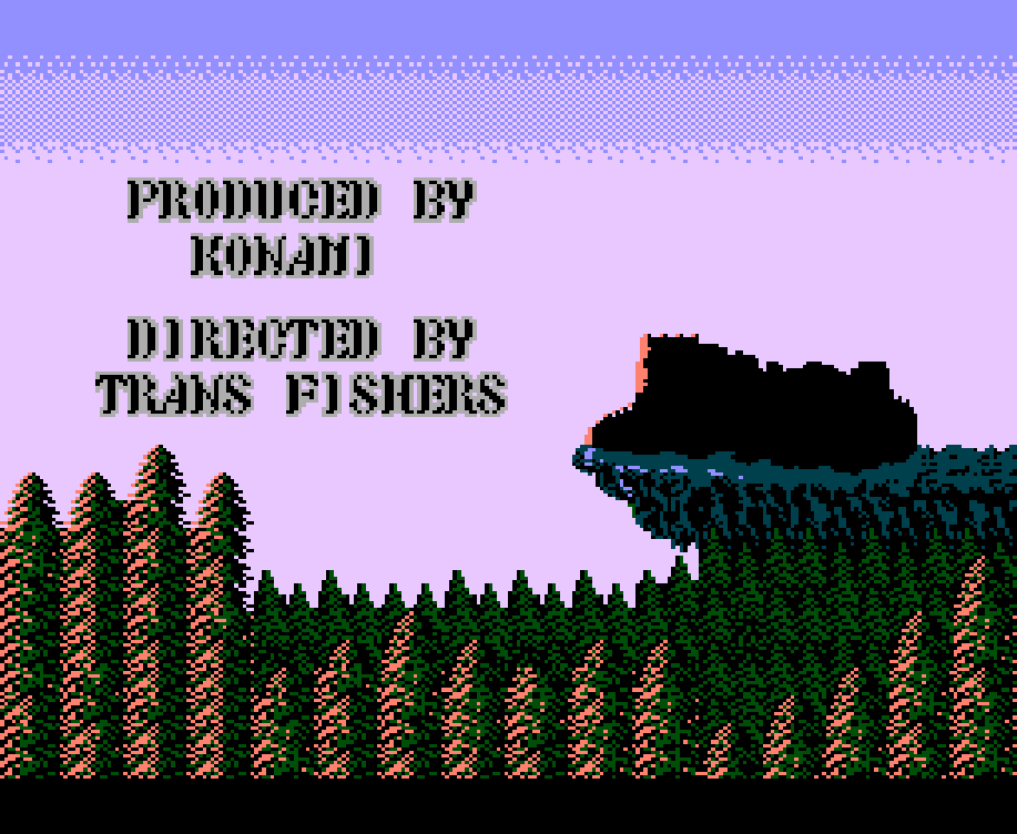 A screenshot of the ending cutscene of Castlevania, depicting a large forest in the foreground and Dracula's castle in the distance, crumbled and reduced to rubble. The words 'PRODUCED BY KONAMI' and 'DIRECTED BY TRANS FISHERS' can be seen to the left of the ruined castle.