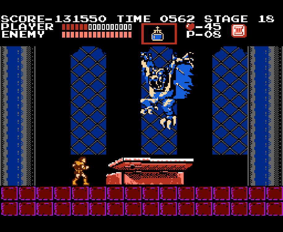 The final boss of Castlevania: Dracula's monstrous second form, which is blue, has wings, fangs, and a big snout, and is three times Simon's height. Simon is standing in front of him as he leaps high into the air.