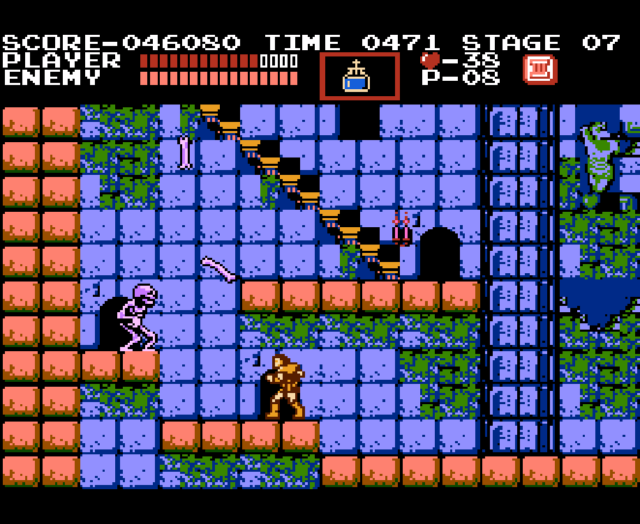 A screenshot of Castlevania. A purple skeleton is standing on a ledge above Simon, chucking bones at him.