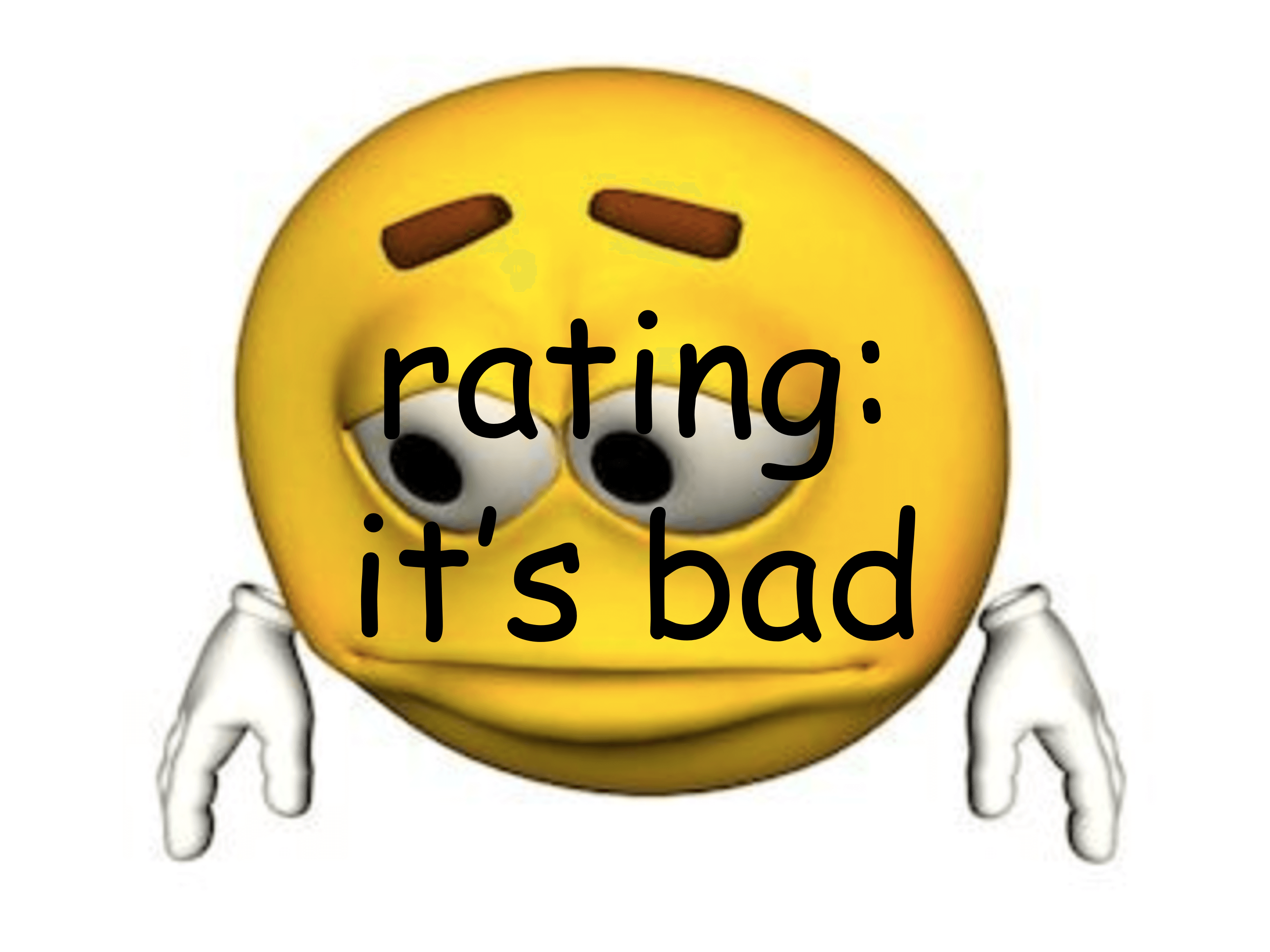 A picture of a yellow emoji looking downward with a sad expression on its face. There is black text over the emoji that says: Rating: It's bad