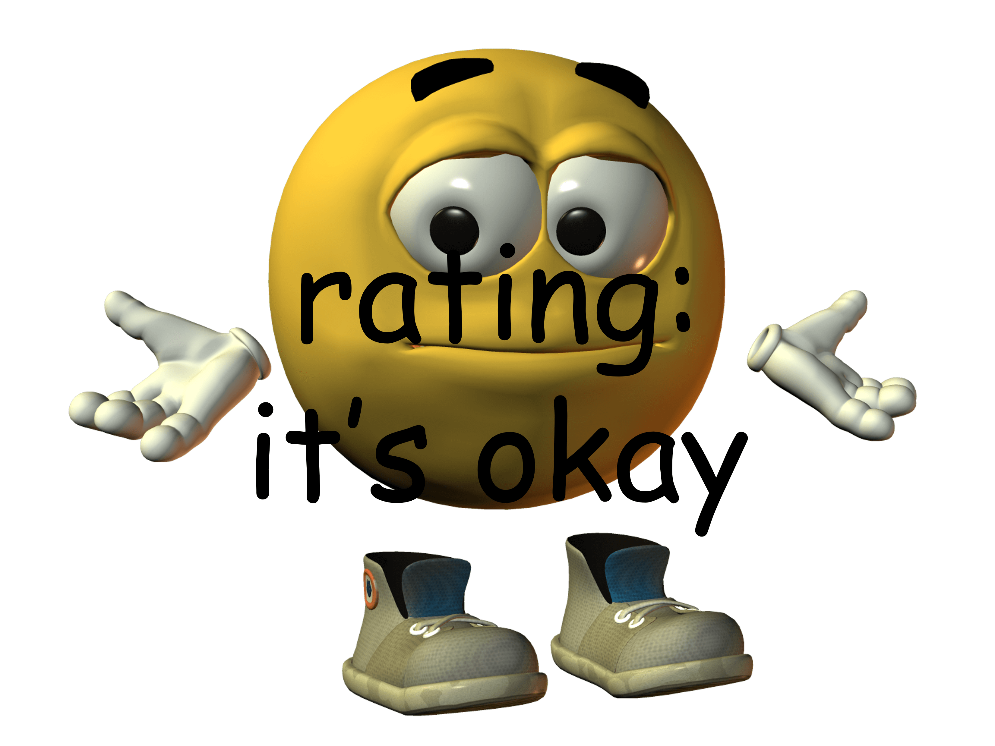 A picture of a yellow emoji with hands and feet shrugging with a neutral expression on its face. There is black text over the emoji that says: Rating: It's okay