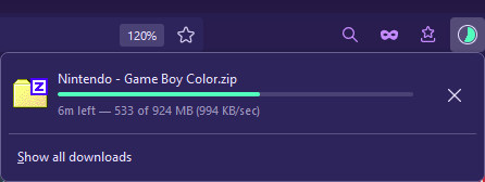 A screenshot of the Download window in Firefox. It shows that a file called "Nintendo - Game Boy Color.zip" is currently downloading, and the download is over halfway done, with 6 minutes left.
